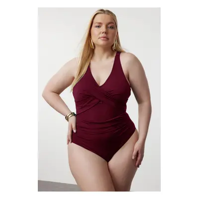 Trendyol Curve Burgundy Waist Cut Out Mesh/Tulle Detail Plus Size Swimsuit