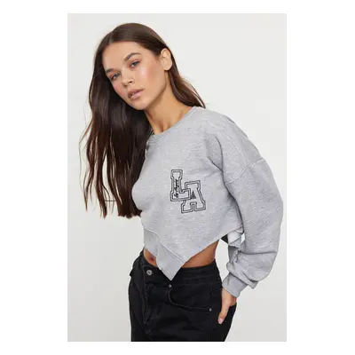 Trendyol Gray Melange Oversize/Wide Fit Asymmetrical Crop Thick Knitted Sweatshirt