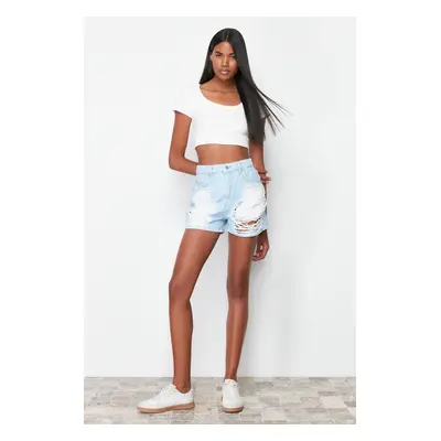 Trendyol Light Blue Ripped High Waist Mini Denim Shorts