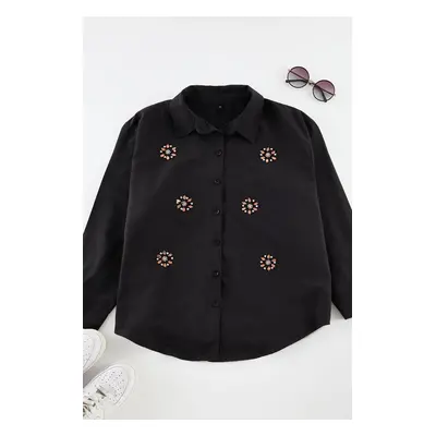 Trendyol Curve Black Large Size Stone Embroidered Poplin Shirt