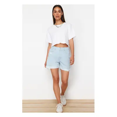 Trendyol Light Blue Ripped Denim Shorts