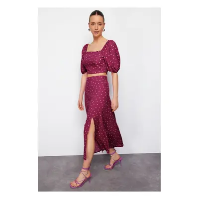 Trendyol Plum Slit Midi Viscose Woven Polka Dot Blouse-Skirt Set