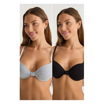 Trendyol Black-Grey 2-Pack Cotton Rope Strap Covered T-Shirt Bra Knitted Bra