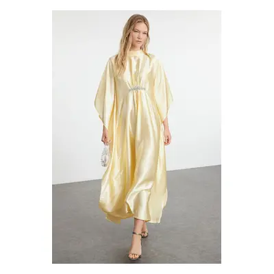 Trendyol Yellow Accessory Detail Satin Woven Evening Dress Kaftan Jalabiya