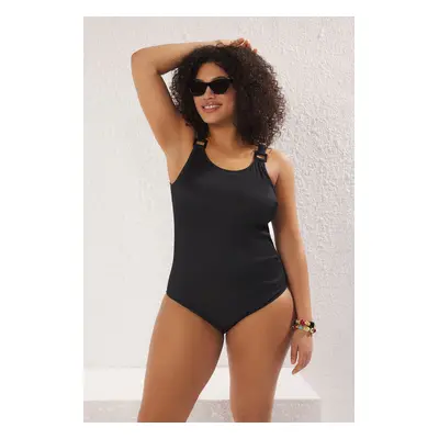 Trendyol Curve Black Shoulder Accessory Detail Round Neck Textured Fabric Plus Size Swimsuit