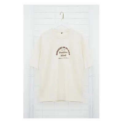 Trendyol Stone Oversize/Wide Cut Text Printed T-Shirt