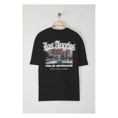 Trendyol Black Oversize/Wide Cut 100% Cotton Back Printed Los Angeles Printed T-Shirt