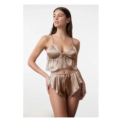 Trendyol Bronze Satin Stone, Ribbon/Bow Detailed Uncovered Lingerie Set