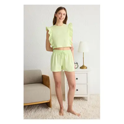 Trendyol Light Green 100% Cotton Ruffle T-shirt-Shorts Knitted Pajama Set