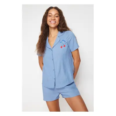 Trendyol Blue Cherry Embroidered Shorts Woven Pajama Set