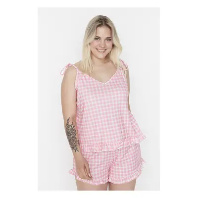 Trendyol Curve Pink Gingham Patterned Strap Knitted Pajama Set