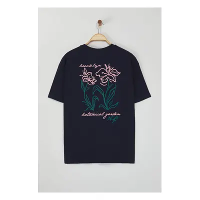 Trendyol Navy Blue Oversize/Wide Cut Floral Print 100% Cotton T-shirt