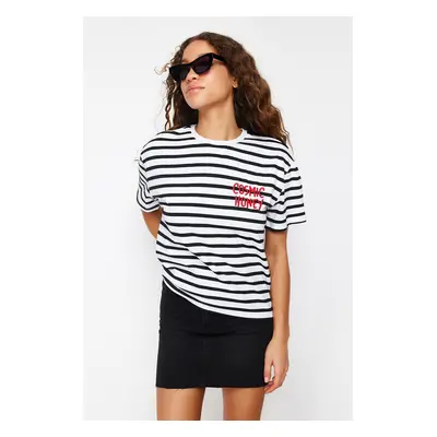 Trendyol Red Striped Slogan Embroidery Detail Relaxed Cut Knitted T-Shirt