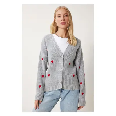 Happiness İstanbul Women's Gray V Neck Heart Textured Knitwear Cardigan