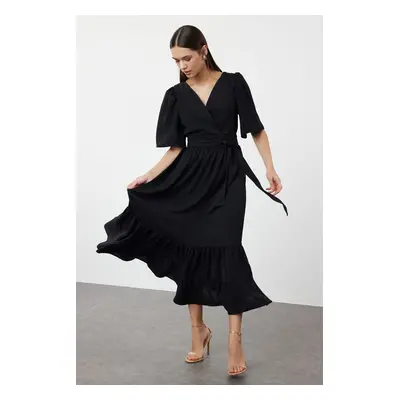 Trendyol Black Belted Woven Double Breasted Collar Back Detailed Midi Woven Dress