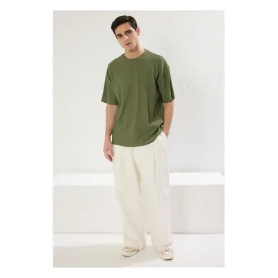 Trendyol Khaki Premium Oversize Crew Neck Short Sleeve Textured Ottoman T-Shirt