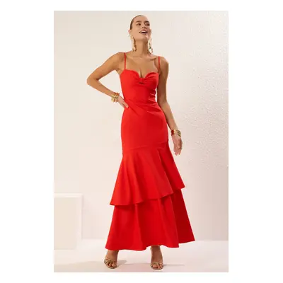 Trendyol Pomegranate Flower A-Cut Cut Out/Window Detail Woven Long Elegant Evening Dress