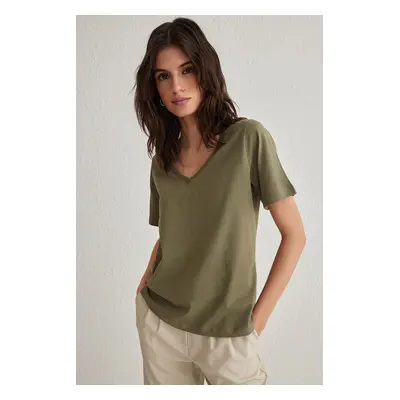 Trendyol Khaki 100% Cotton Basic V Neck Knitted T-Shirt