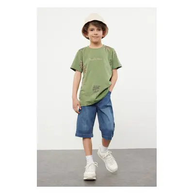 Trendyol Khaki Boy Palm Tree Pattern 100% Cotton Woven Shirt-Jean Trousers Bottom-Top Set