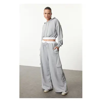 Trendyol Grey Melange Wide Leg Cargo Pocket Woven Garni Detailed Thick Knitted Sweatpants