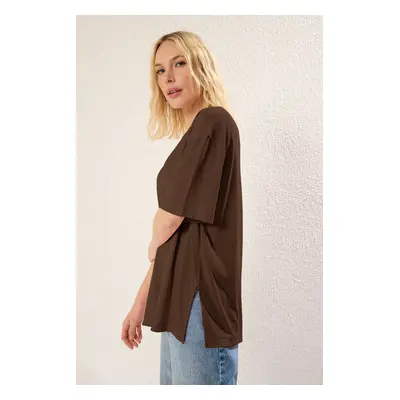 Trendyol Brown More Sustainable Modal Fabric Oversize/Wide Pattern Knitted T-Shirt