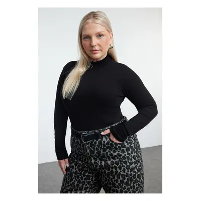 Trendyol Curve Black Zippered Stand Collar Body-Smoothing Camisole Knitted Plus Size Blouse