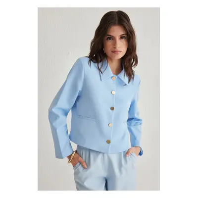 Trendyol Blue Crop Button Detail Shirt Collar Blazer Jacket