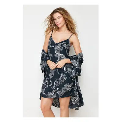 Trendyol Anthracite Animal Patterned Rope Strap Viscose Woven Nightgown