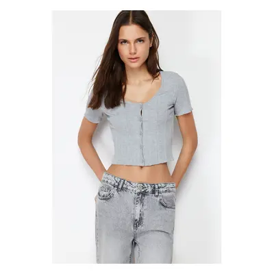 Trendyol Gray Melange Patchwork Crop Pool Neck Ribbed Stretchy Knitted Blouse