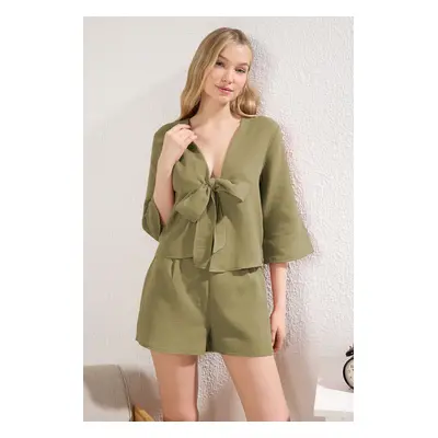 Trendyol Khaki 100% Cotton Tie/Ribbon/Bow Detailed Woven Pajama Set with Muslin Shorts