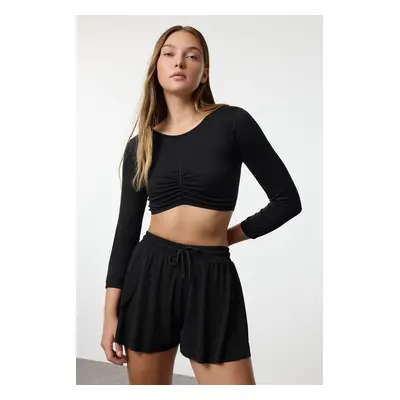 Trendyol Black Seamless Gathered Detail Super Crop Knitted Sports Top/Blouse