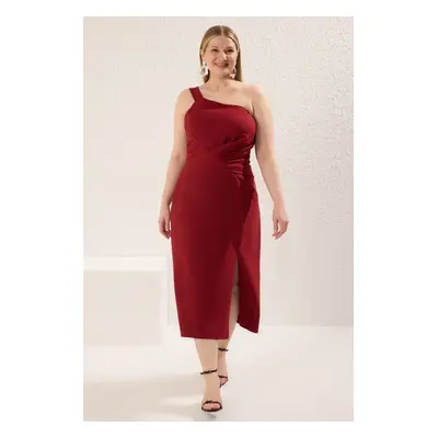 Trendyol Curve Claret Red Asymmetrical Single Sleeve Woven Evening Dress/Graduation/Cocktail/Par