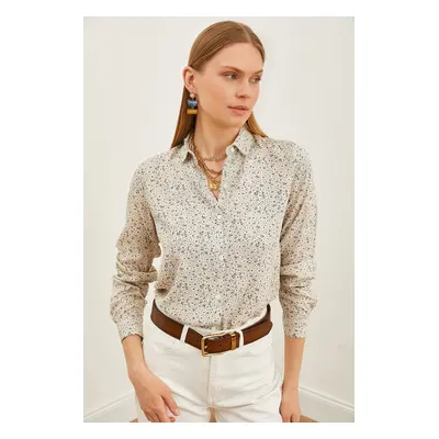 Olalook Women's Beige White Patterned Woven Viscose Shirt