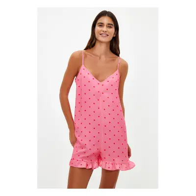 Trendyol Pink Polka Dot Frilly Rope Strap Viscose Woven Jumpsuit