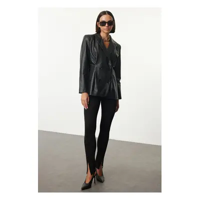 Trendyol Black Faux Leather Fitted Woven Blazer Jacket