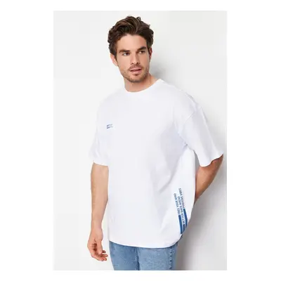 Trendyol White Oversize Text Printed 100% Cotton T-Shirt