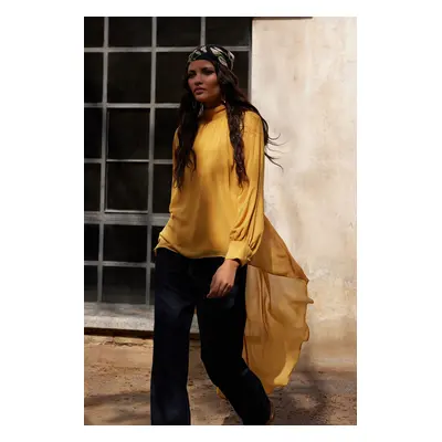 Trendyol X AI Mustard Floral Button Detailed Asymmetric Chiffon Tunic