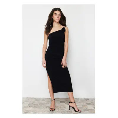 Trendyol Black Accessory Rose Detailed Gathered Body Fitted Flexible Knitted Midi Pencil Dress