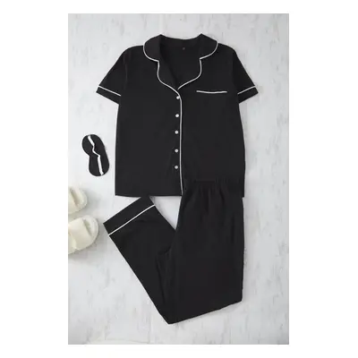 Trendyol Curve Black Piping Detail Shirt Collar Knitted Pajama Set