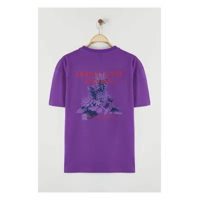 Trendyol Purple Oversize/Wide Cut Fruit Back Printed 100% Cotton T-Shirt