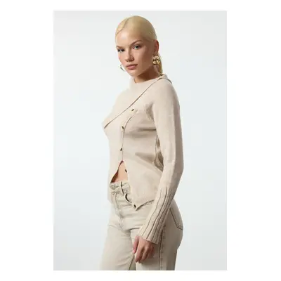 Trendyol Stone Turned Collar Asymmetric Button Detailed Soft Texture Knitwear Sweater