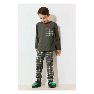 Trendyol Khaki Boy Plaid / Checkered Knitted Pajama Set Bottom-Top Set