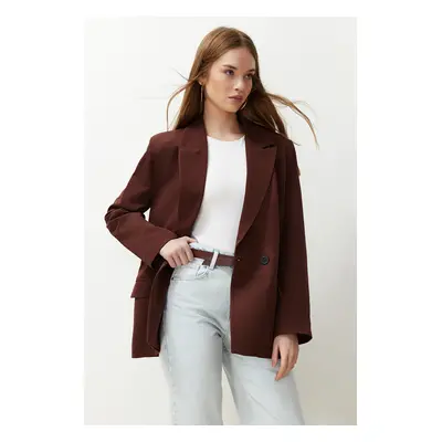 Trendyol Brown Oversize Straight Cut Basic Double Breasted Woven Blazer Jacket