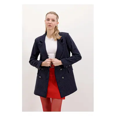 Bigdart Women's Navy Blue Double Buttoned Striped Blazer Jacket