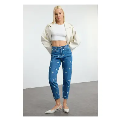 Trendyol Blue Floral Embroidered High Waist Mom Jeans