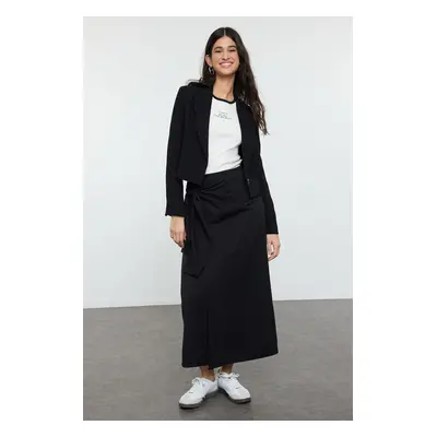 Trendyol Black Double Breasted Tie Detailed Woven Linen Look Skirt