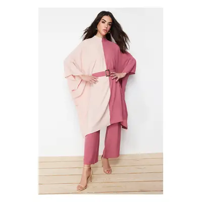 Trendyol Pale Pink Color Block Waist Belted Tunic-Pants Woven Suit