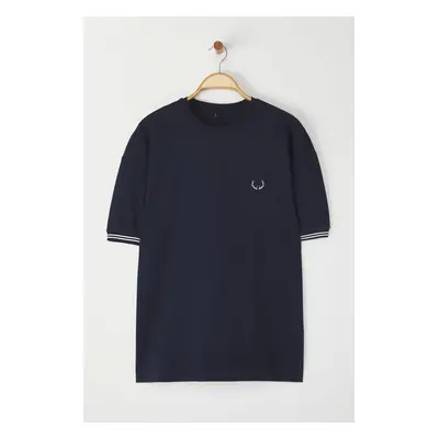 Trendyol Navy Blue Oversize/Wide Cut Embroidered Knitwear Tape Detail Textured T-Shirt