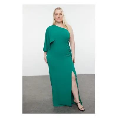 Trendyol Curve Emerald Green Single Sleeve Asymmetrical Slit Woven Evening Dress/Night/Graduatio