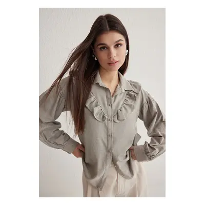 Trendyol Gray Ruffle Cotton Woven Shirt